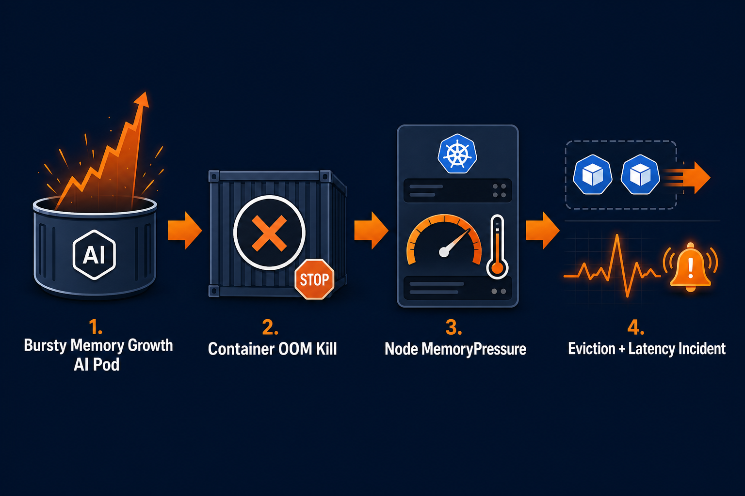 Diagram showing memory growth leading to OOM kill, node MemoryPressure, eviction, and slower incident response